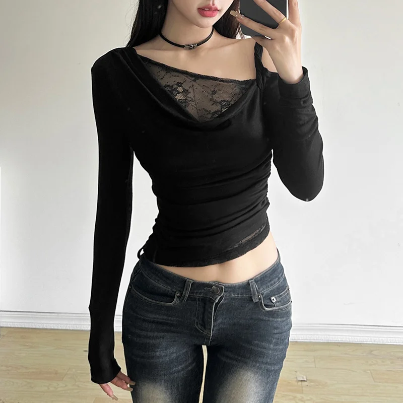 Uveng 2024 Autumn New Women's Clothing Shoulder-Slanted Collar Hollow Perspective Folding Body To Close The Waist On The Umbilical