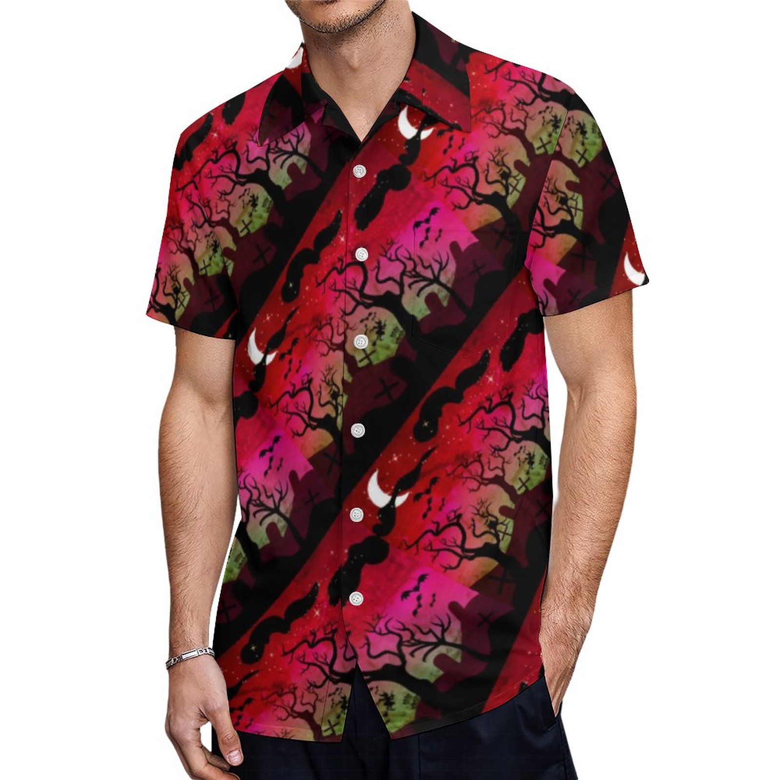 Red And Olive Green Halloween Graveyard Scenery Hawaiian Shirt Mens Button Down Tropical Hawaii Beach Shirts