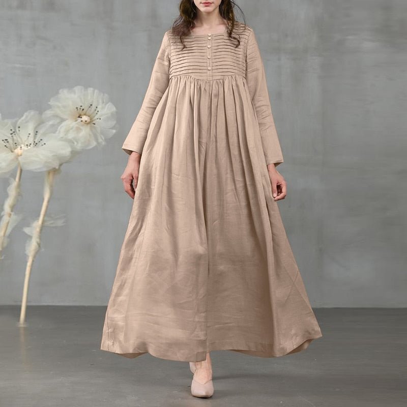 ZANZEA Spring Elegant Sundress Vintage Women Square Neck Long Sleeve Solid Long Dress Casual Pleated Party Vestido  7