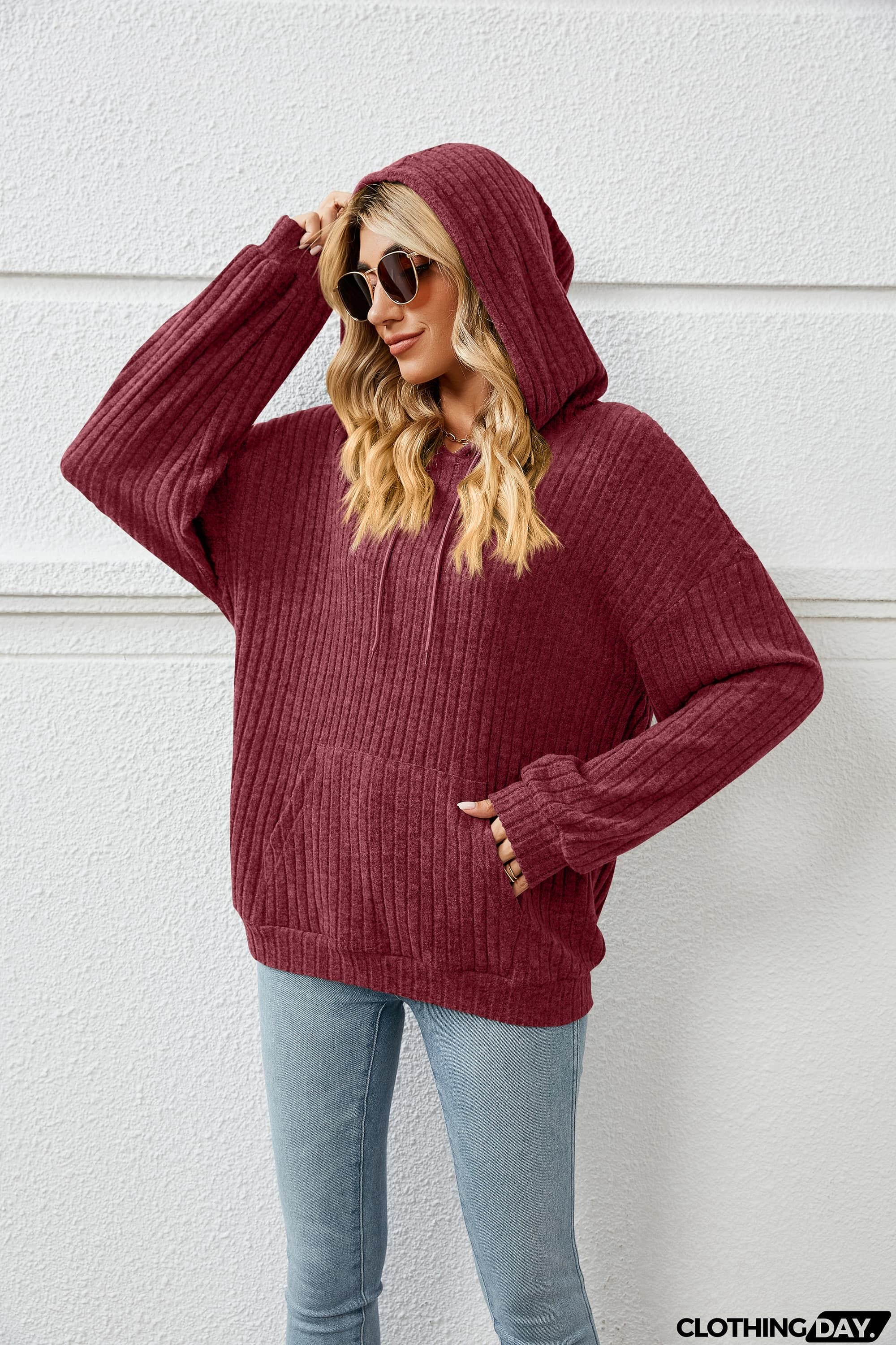 Drawstring Dropped Shoulder Ribbed Hoodie