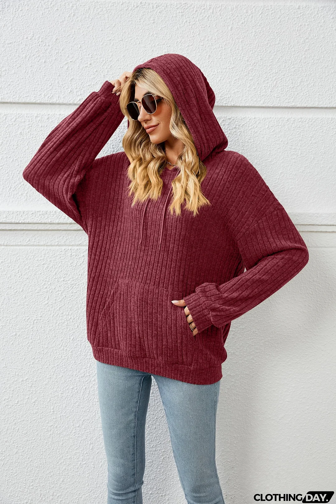 Drawstring Dropped Shoulder Ribbed Hoodie