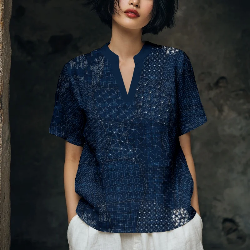 Japanese Traditional Sashiko Art Comfy Linen Tunic