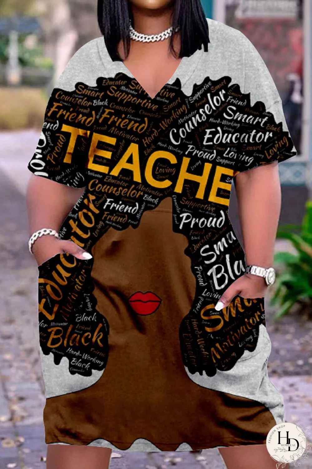 Multicolor Casual Street Print Patchwork V Neck Straight Dresses