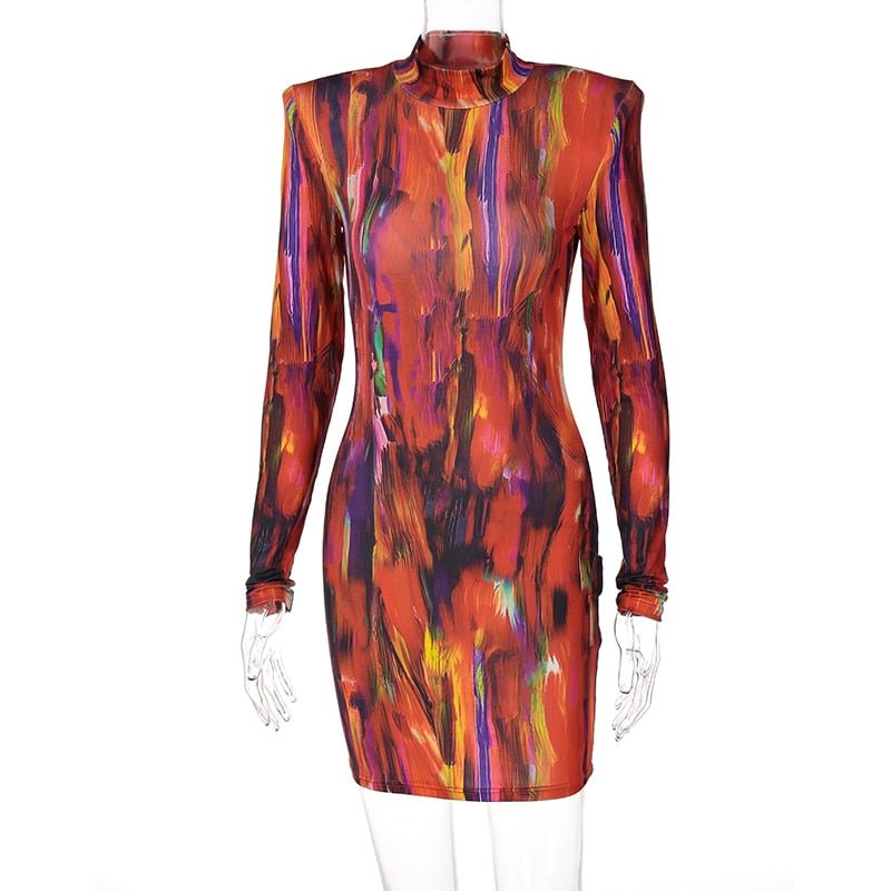 Dulzura Tie Dye Print Women Long Sleeve Mini Dress Shoulder Pad Bodycon Sexy Streetwear Party 2021 Autumn Winter Clothes Y2K