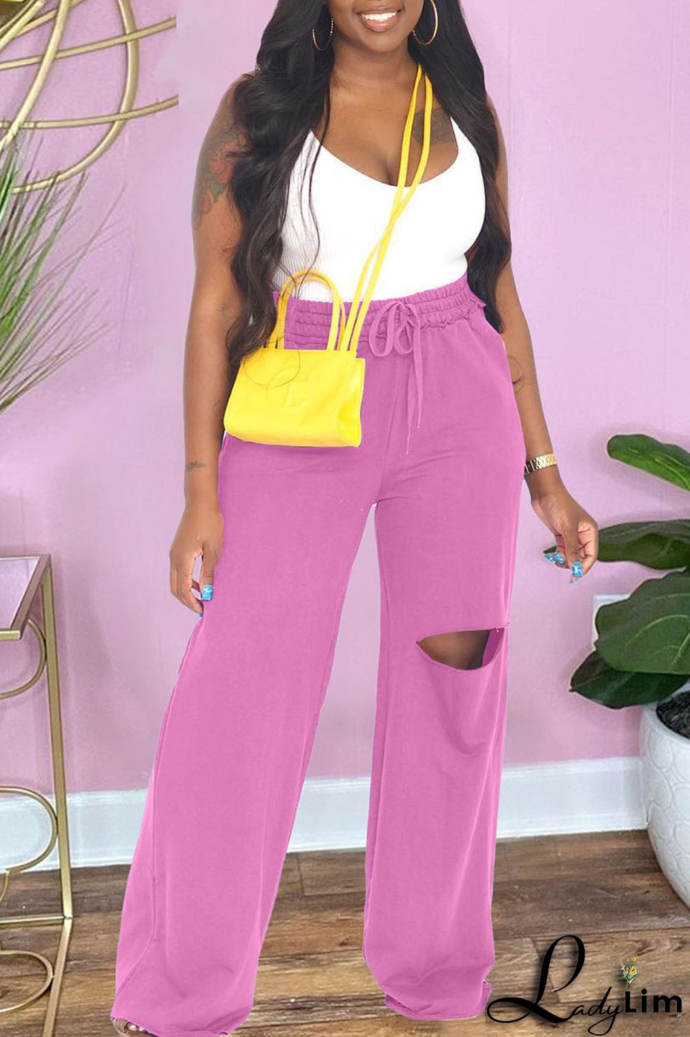 Pink Casual Solid Ripped Patchwork Straight High Waist Straight Solid Color Bottoms