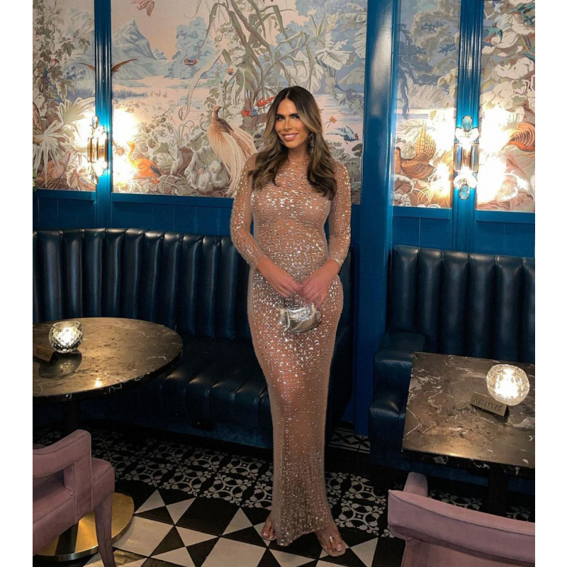 Ootddress Glitter Female Cover up Maxi Dress Mesh See-Through Split Fashion Long Sleeve Slim Sexy Beach Cover up Dress For Women New