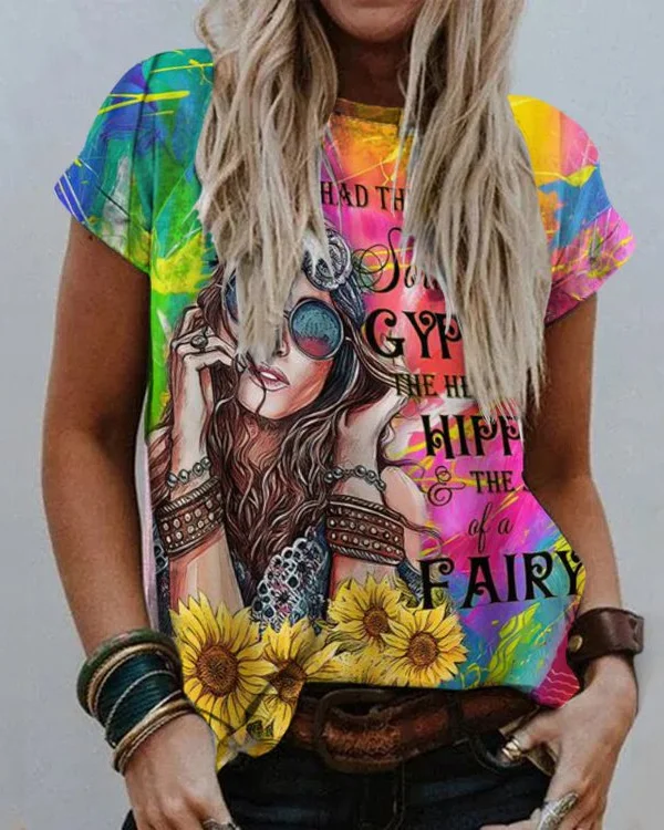 🔥kukelife🔥Girls Floral Alphabet Tie Dye Print Hippie T-Shirt