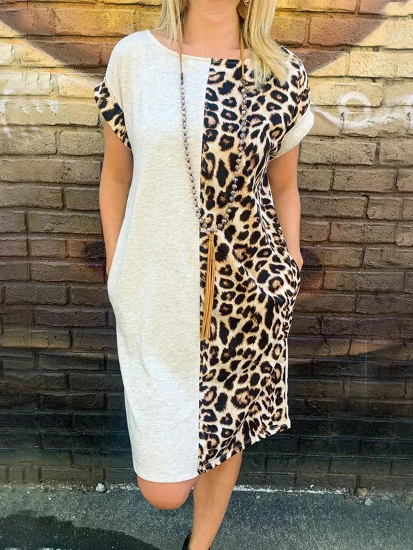 Loose Raglan Sleeve Contrast Color Leopard Pockets Round-Neck Mini Dresses