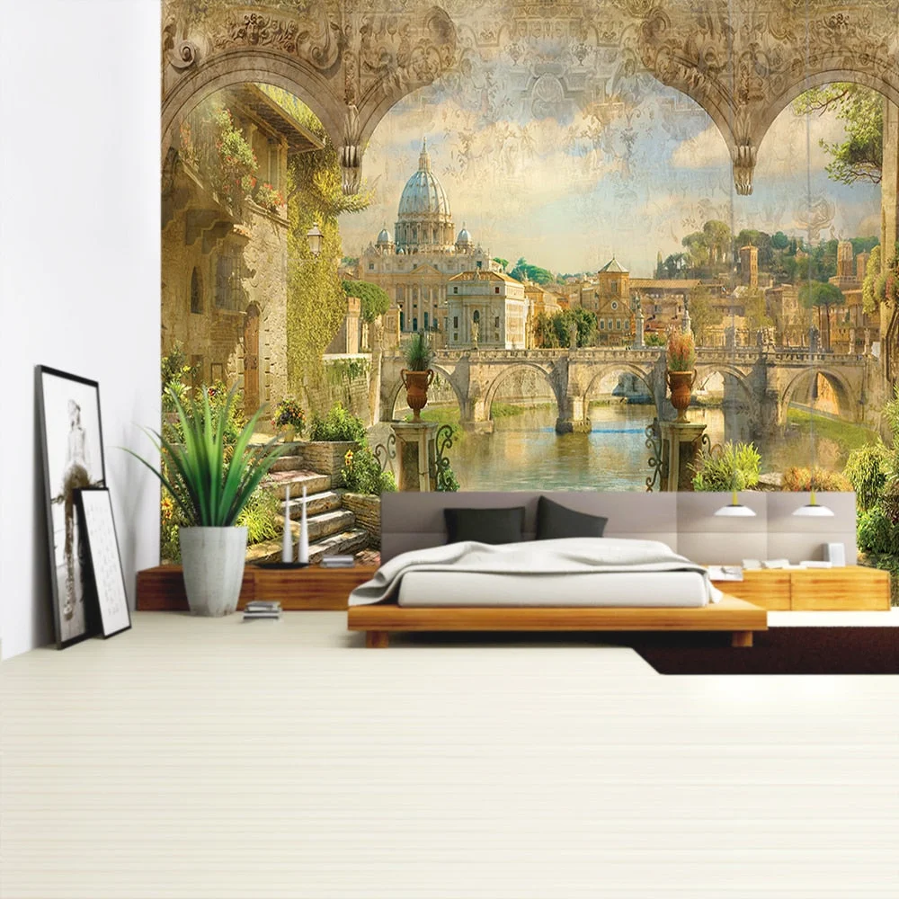 Balcony City Castle Hill Green Plant Landscape Printing Tapestry Cheap Hippie Wall Hanging Bohemian Wall Tapestries