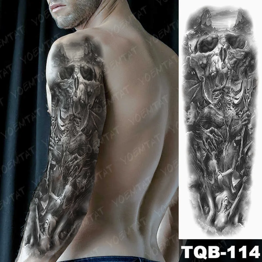 Large Arm Sleeve Tattoo Hell Devil Satan Lucifer Waterproof Temporary Tatto Sticker Praying Angel Body Art Full Fake Tatoo Men