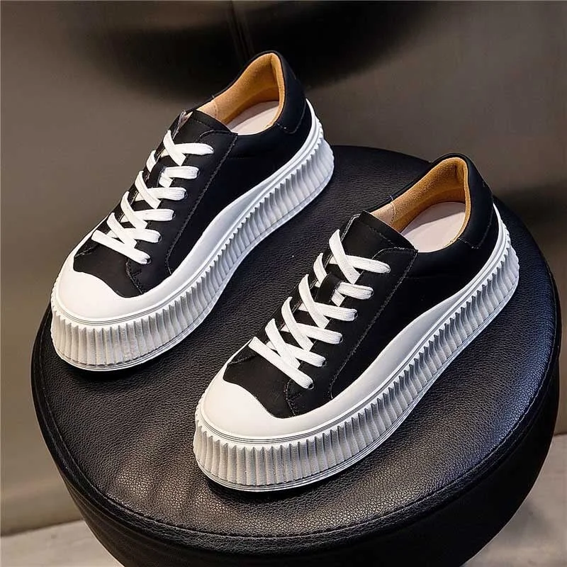 CXJYWMJL Women Genuine Leather Sneakers Spring Flat Platform Little White Shoes Ladies Autumn Fashion Thick Bottom Casual Shoes