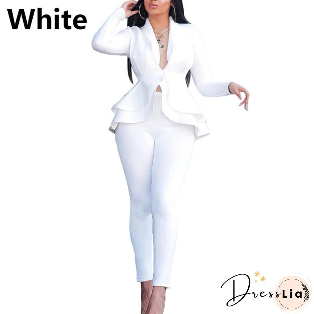 Women's Formal Work Blazer Jacket Pants Business Office Outfits Suit Set Ruffle Solid Color