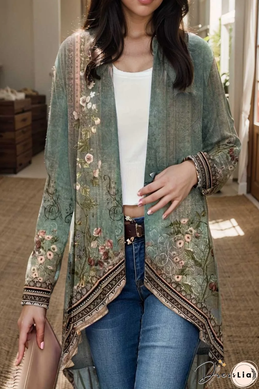 floral print dipped hem open front long sleeve casual cardigan
