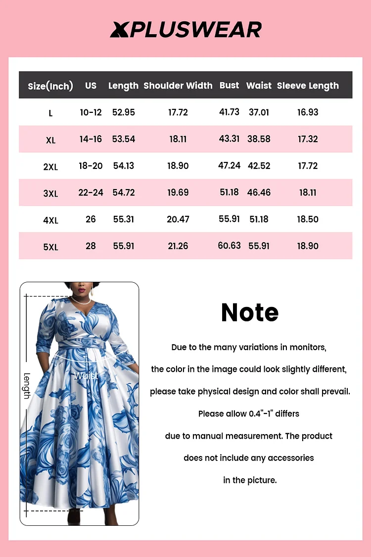Xpluswear Design Plus Size Formal Blue Floral V Neck Long Sleeve Pleated Pocket Satin Maxi Dresses [Pre-Order]