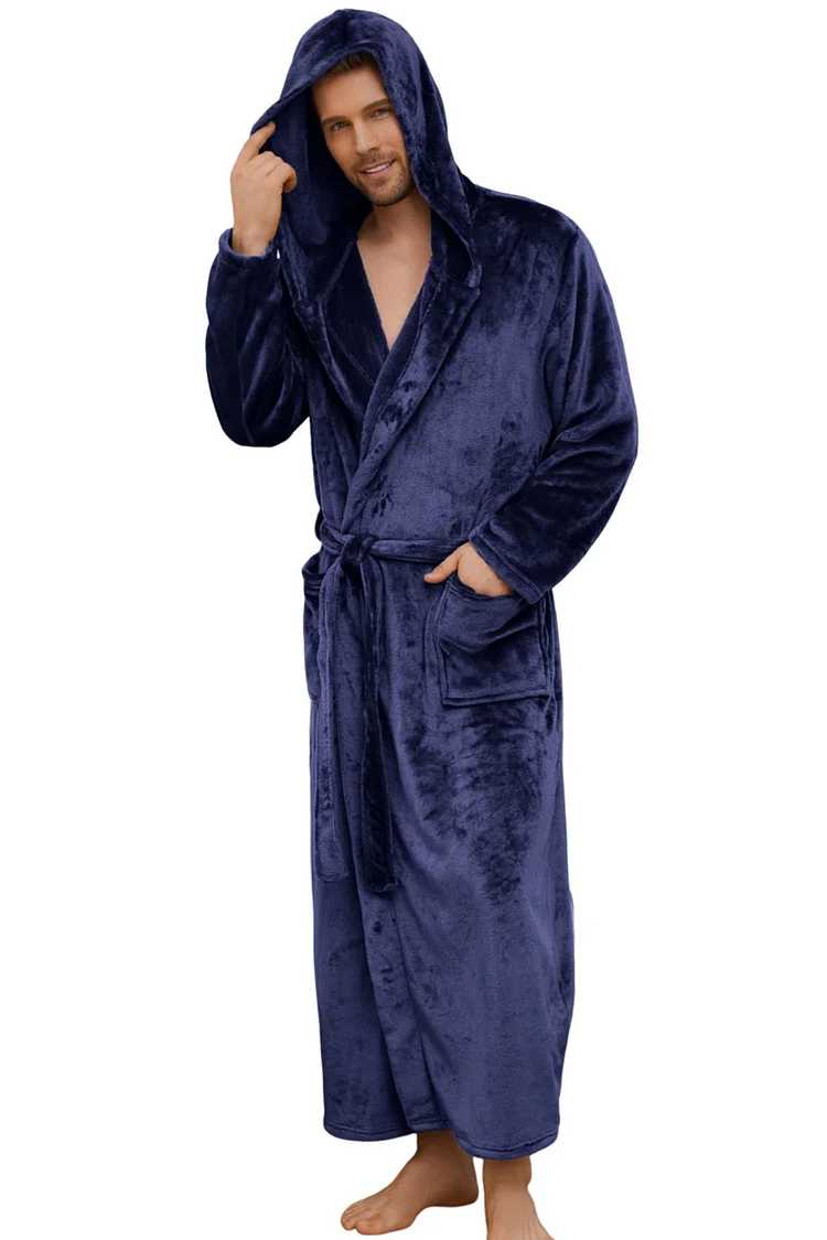 Vulcanodon Mens Hooded Robe, Full Length Plush Robe for Men Fleece Bathrobe（Navy, L/XL）