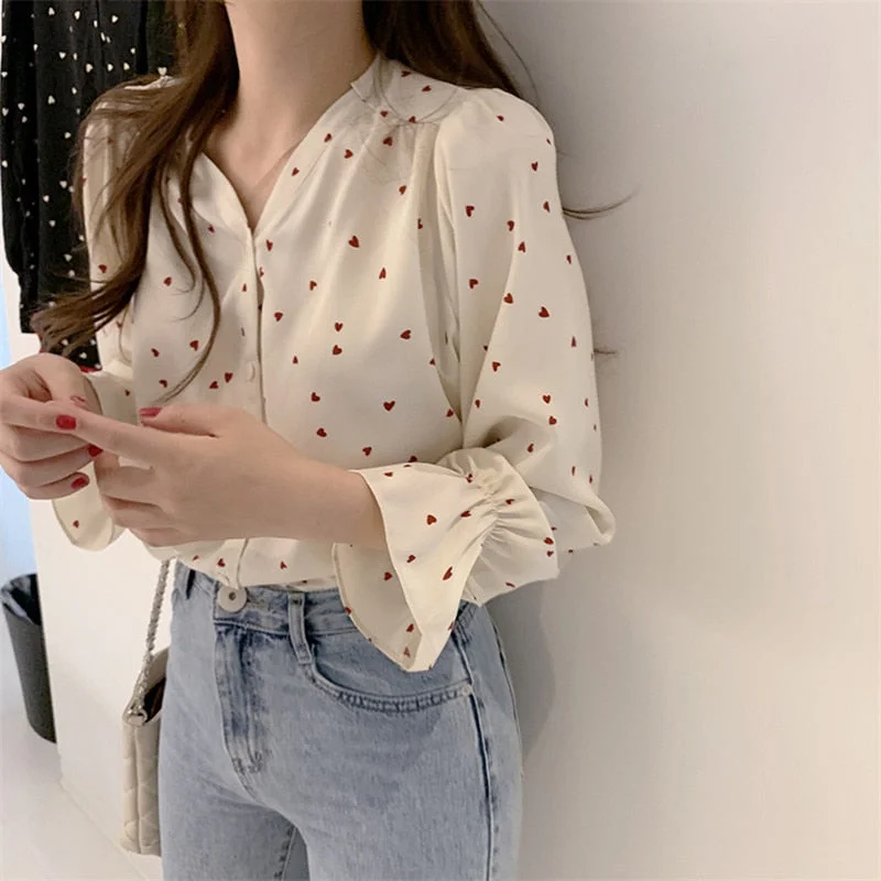 Blouses Women Long Flare Sleeve V-neck Sexy Printed Sweet Elegant Chiffon Women Shirts Plus Size 2XL Loose Retro Chic Stylish BF