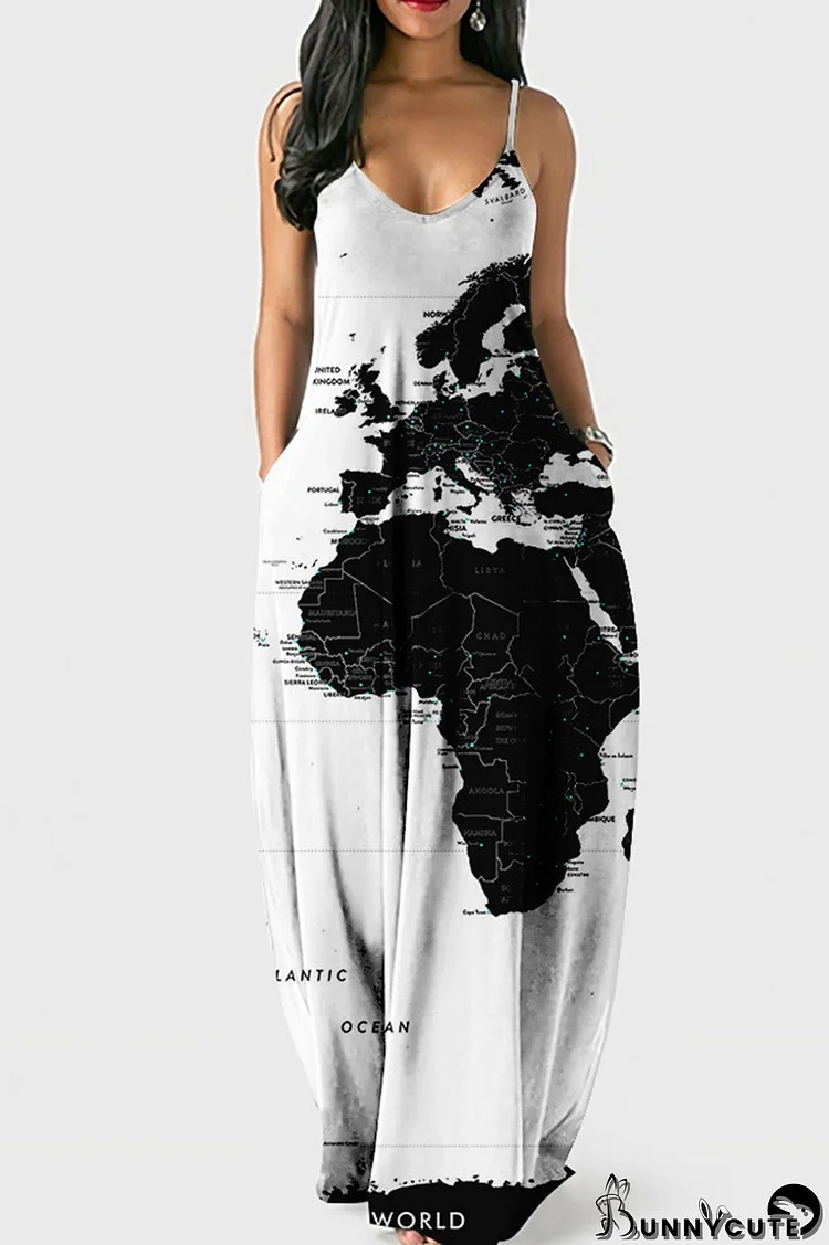 White Black Fashion Sexy Print Backless Spaghetti Strap Long Dress