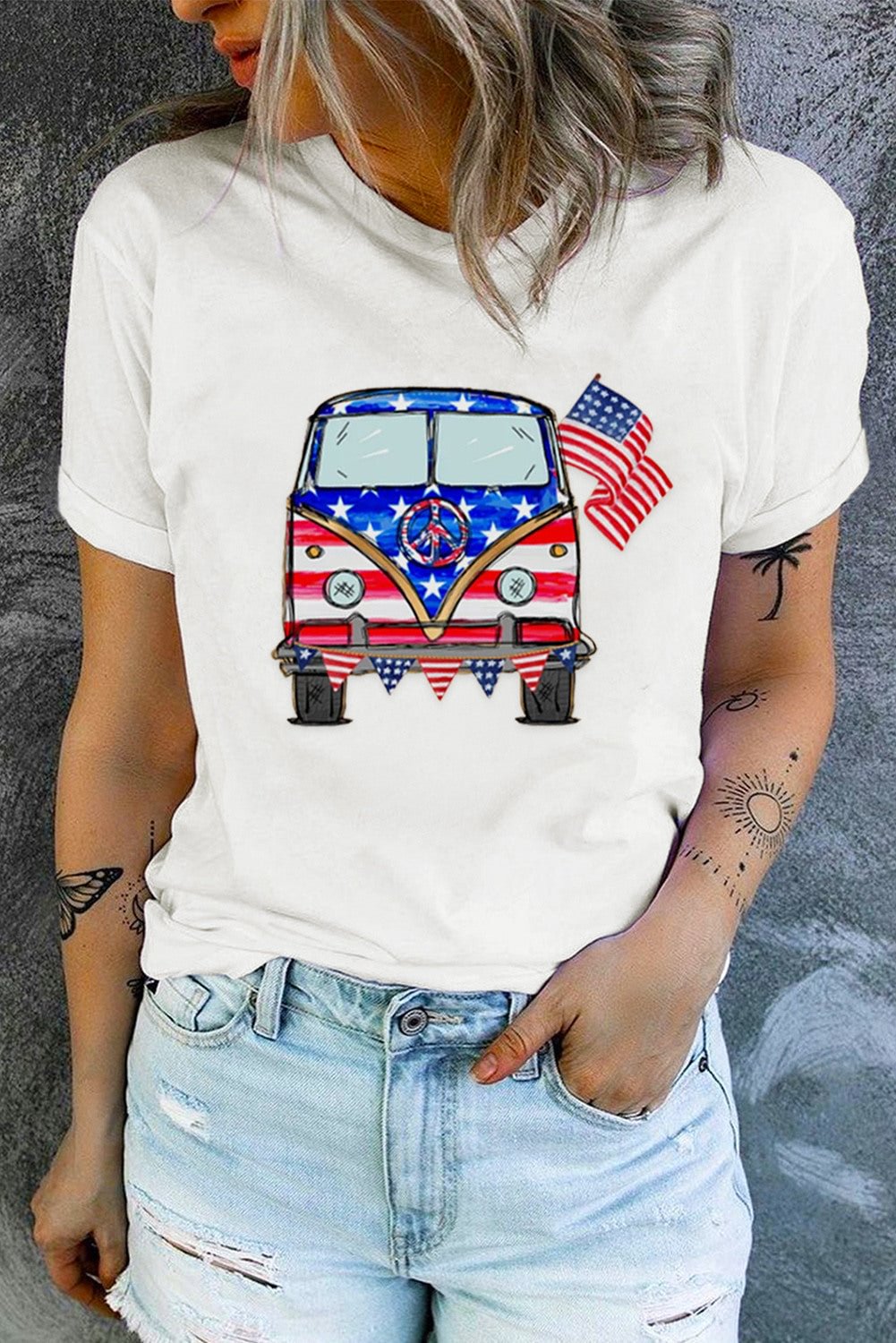 American Flag Car Printed Crewneck Graphic Tee