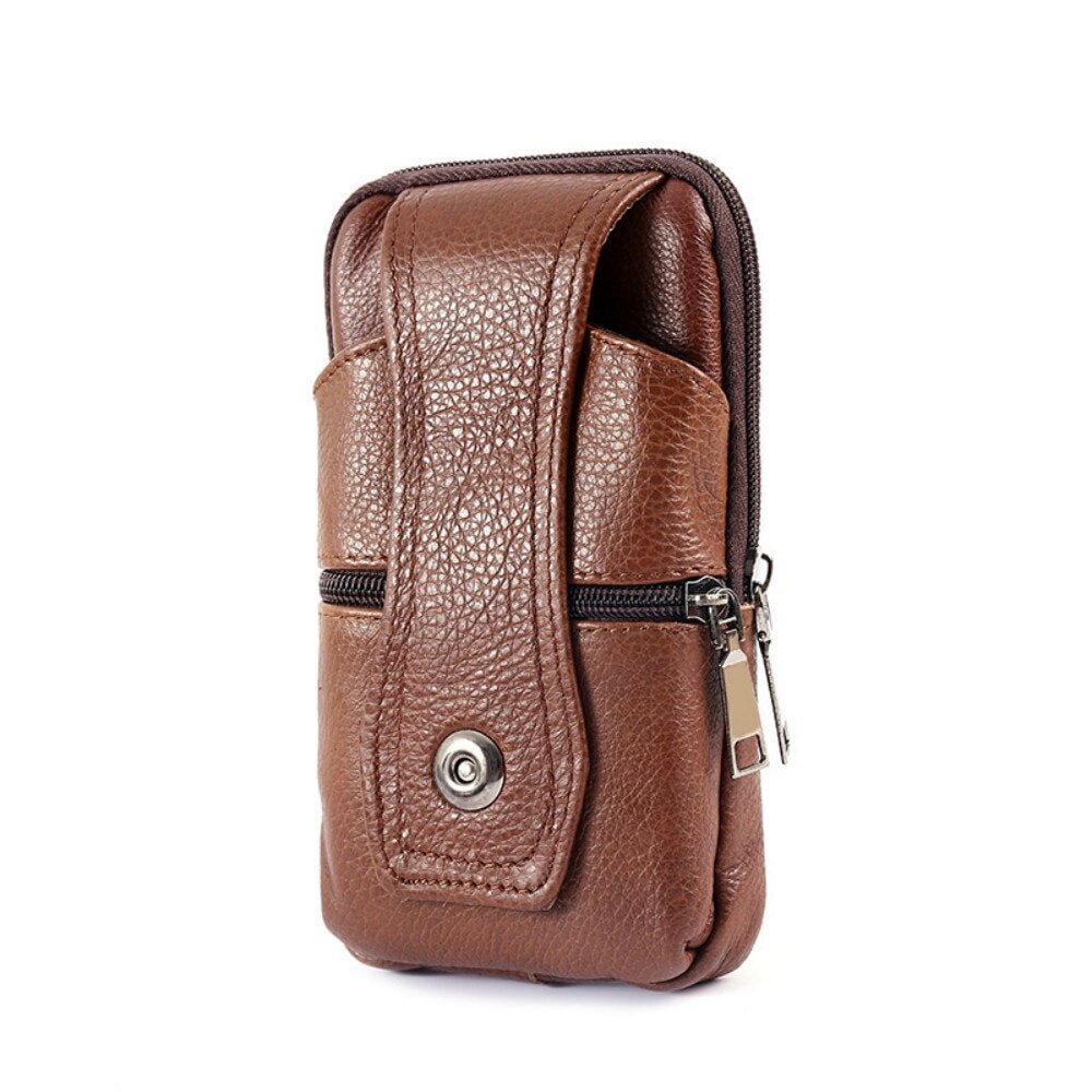 New Fashion Men Leather Waist Bag Large Capacity Belt Bag Brown Shoulder Bags Crossbody Bags Multi-layer Buckle Mobile Phone Bag
