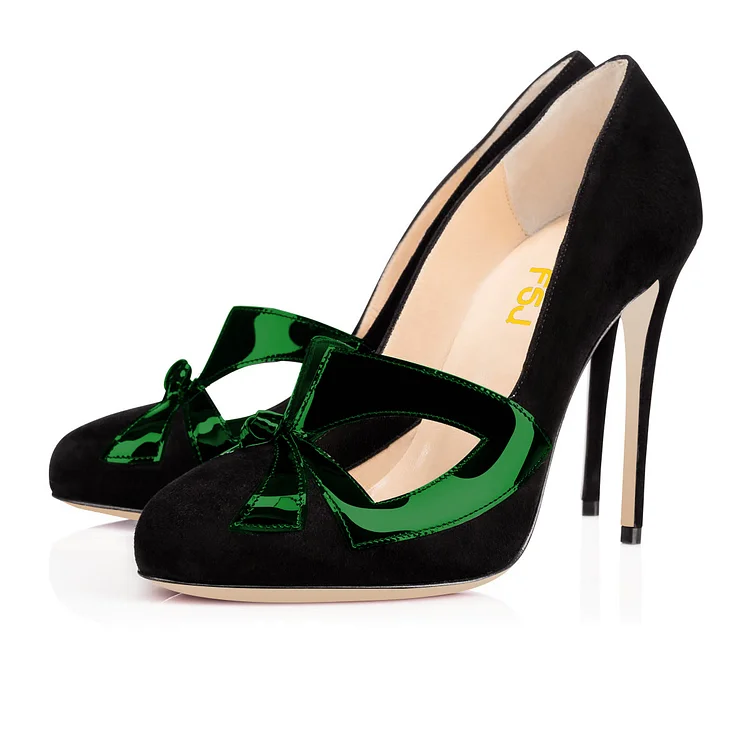 Black Vegan Suede Bow Evening Shoes Green Mask Stiletto Heel Pumps |FSJ Shoes