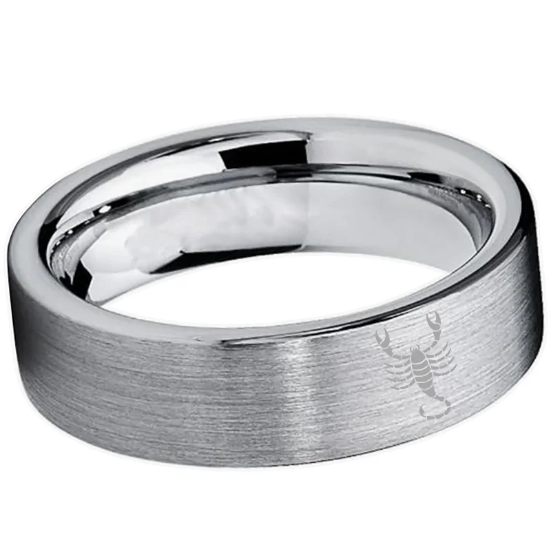 Wedding Fashion Sliver Scorpio Tungsten Ring and Flat Edge Comfort Fit for Men and Women 4MM 6MM 8MM Width