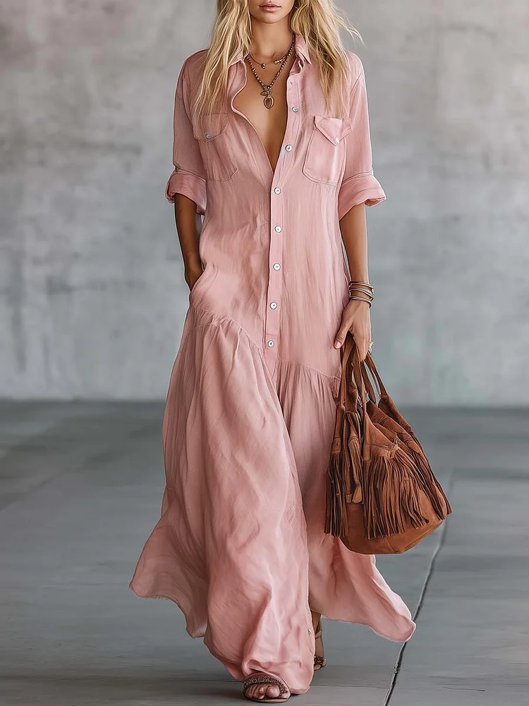 Casual Linen And Cotton Maxi Shirt Dress