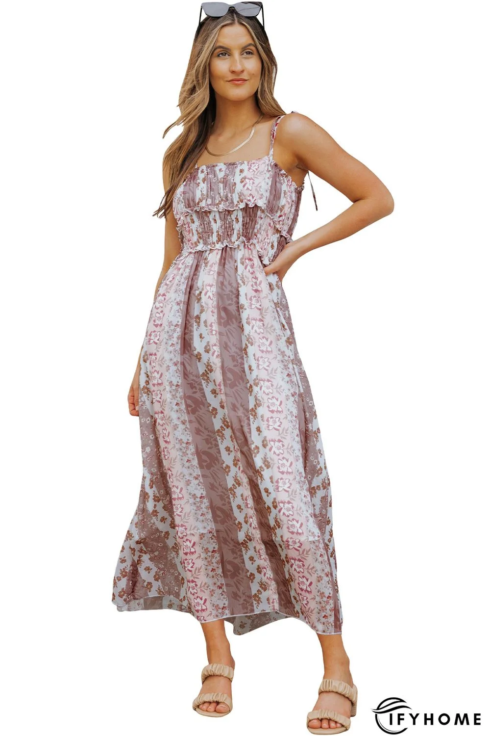 Multicolor Floral Print Frill Trim Smocked Spaghetti Strap Maxi Dress | IFYHOME