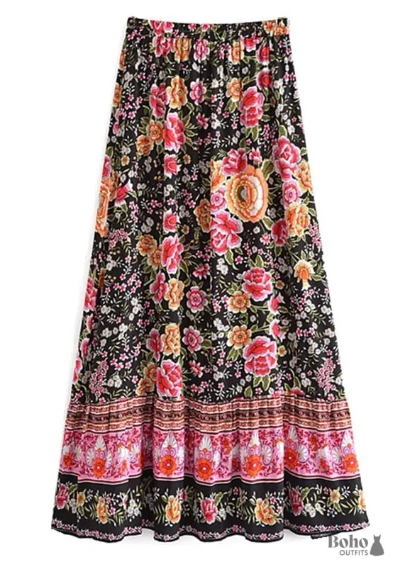 Boho Skirts in Eulalie Balck Pink Flower For Women