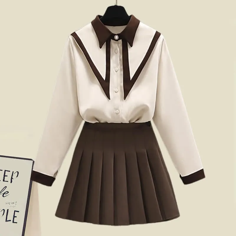Lapel Shirt Pleated Skirt Two Piece Set
