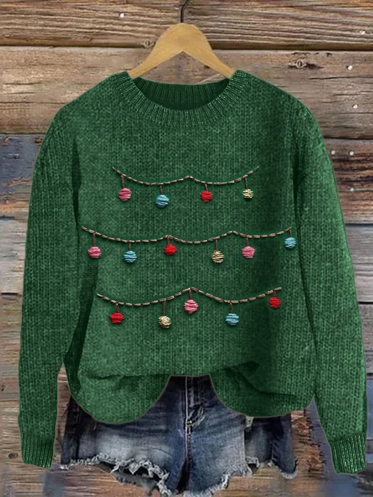 Comstylish Colorful Christmas Lights Embroidery Cozy Knit Sweater