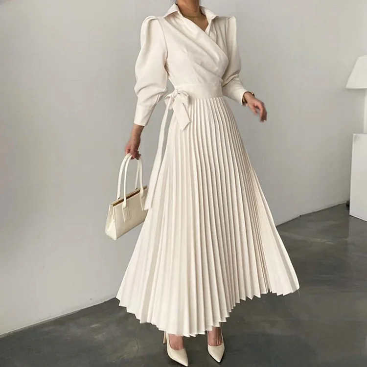 Elegant High Waist Tie Front Pleated Belted Dress