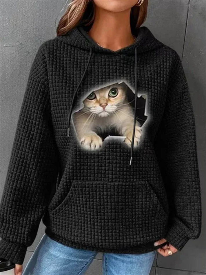 Women's Cat Pattern Graphic Printed Solid Color Scoop Neck Long Sleeve Top