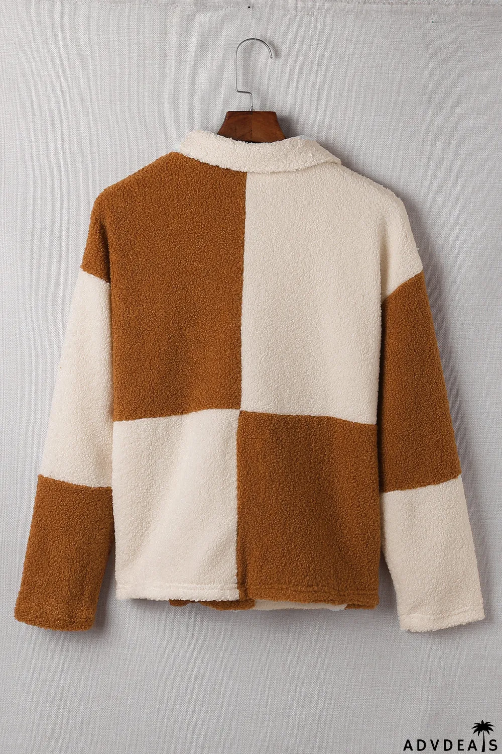 Colorblock Checkered Sherpa Jacket