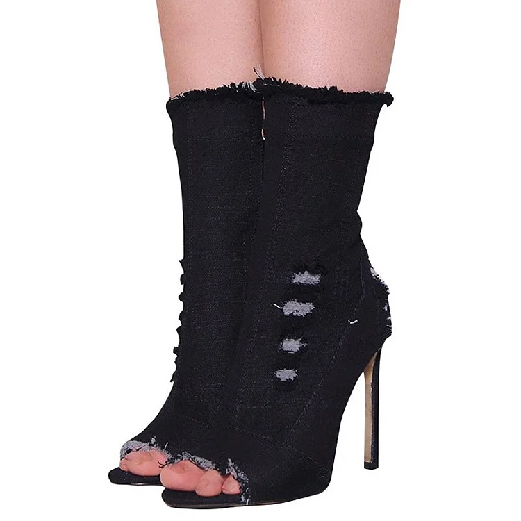 Fashion Black Denim Boots Peep Toe Stiletto Heel Mid Calf Boots |FSJ Shoes