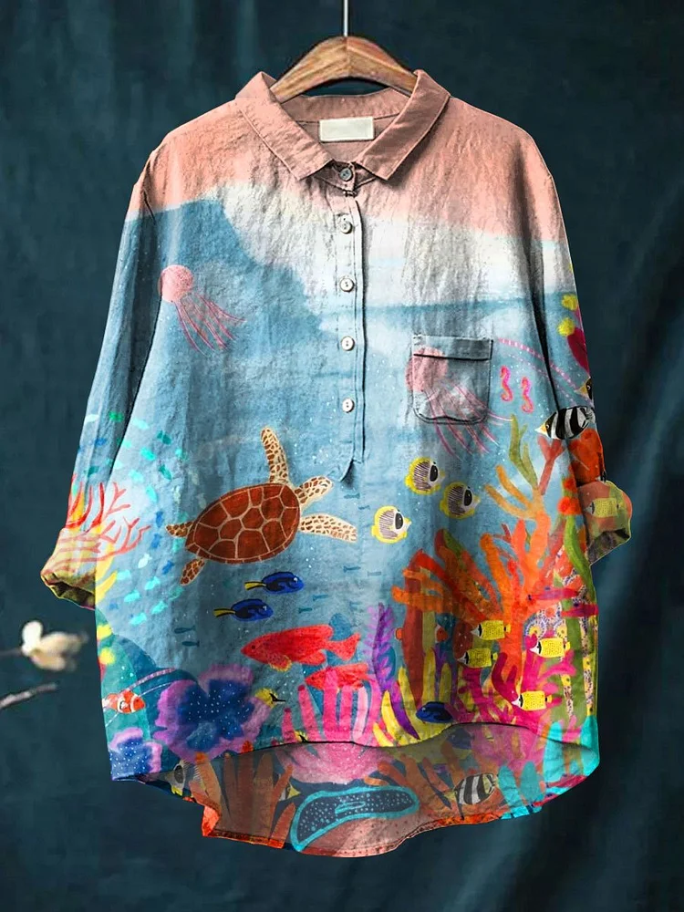 Ocean Beach Art Printed Women's Casual Cotton And Linen Shirt