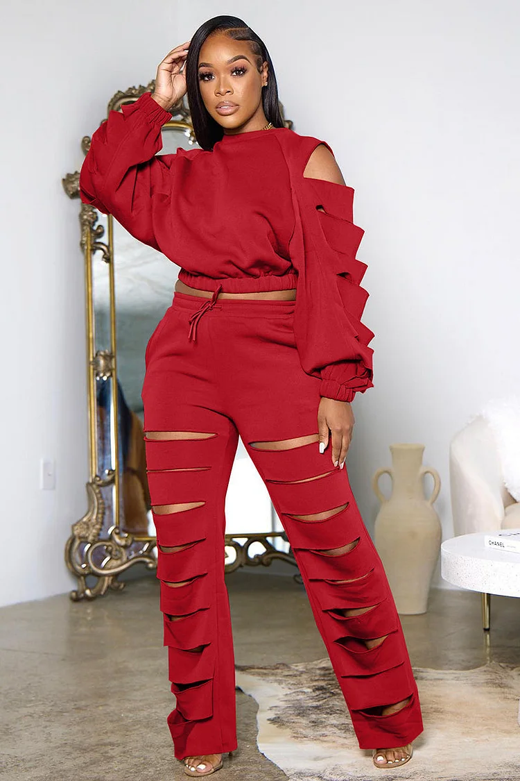 Hollow Out Long Sleeve Crop Top Two-Piece Pants Set