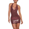 Plus Size Women Beach Party Vocation Halter Dress PVC Leather Deep V-neck Sleeveless Stretch Mini Dress Sexy Wrap Hips  Attire