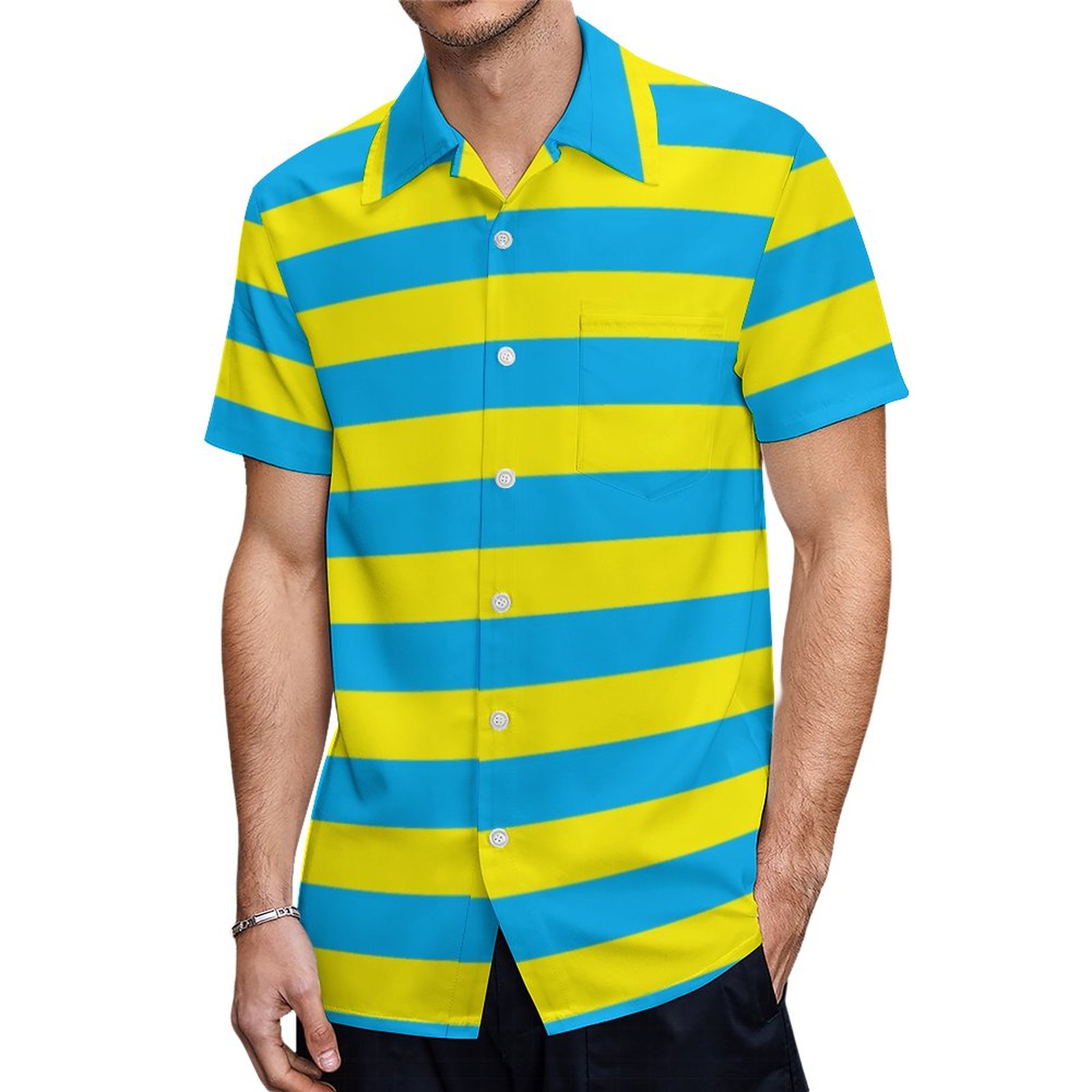 Blue And Yellow Horizontal Stripes Hawaiian Shirt Mens Button Down Plus Size Tropical Hawaii Beach Shirts