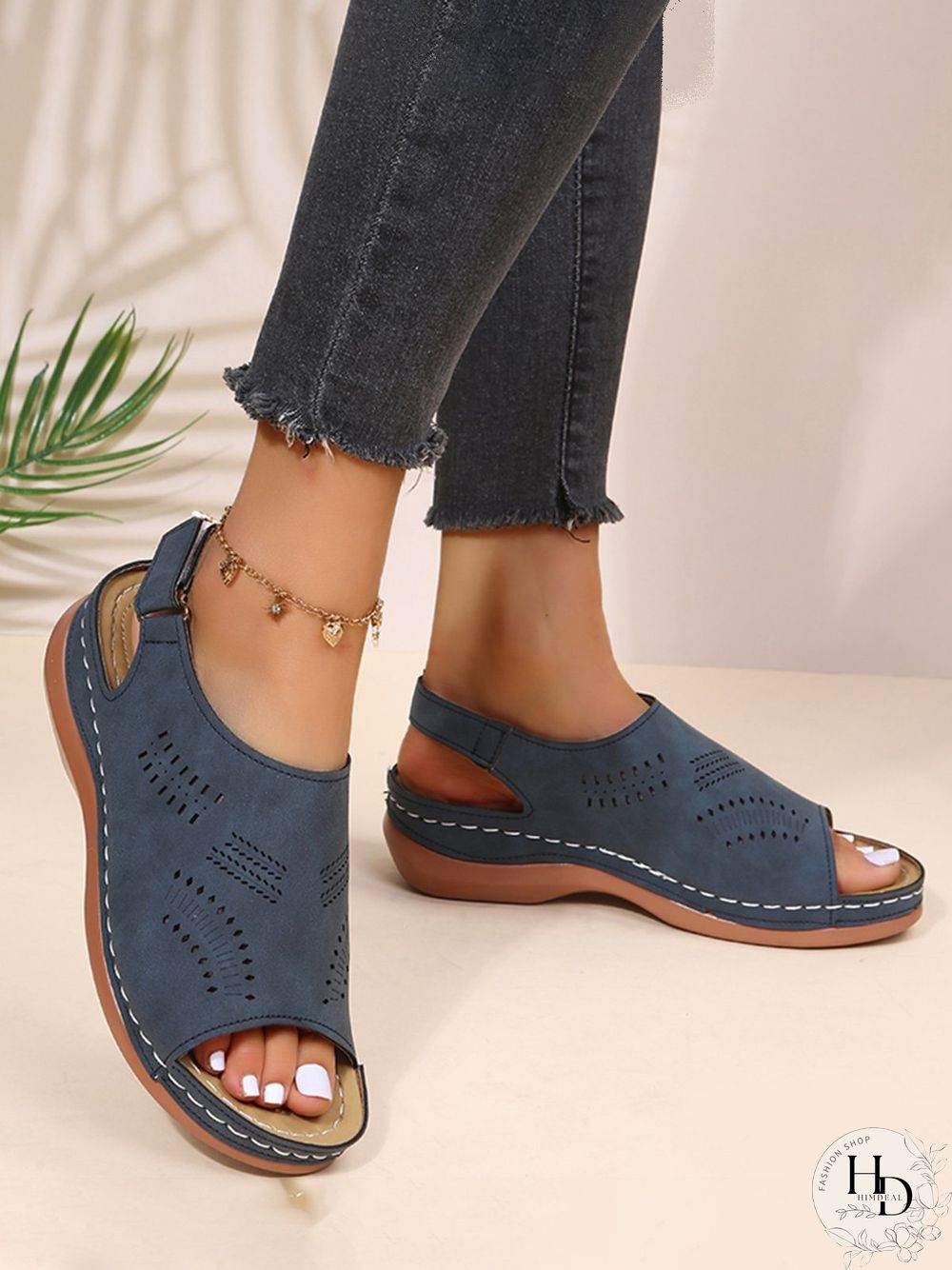 Cutout Velcro Vintage Casual Velcro Wedge Sandals