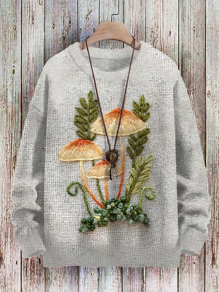 Men's Mushroom Embroidery GoblinCore Art Print Sweatshirt