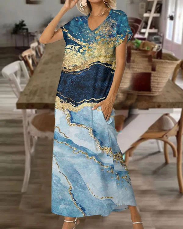 V-neck Casual Loose Marine Ripple Print Short Sleeve Maxi Dress
