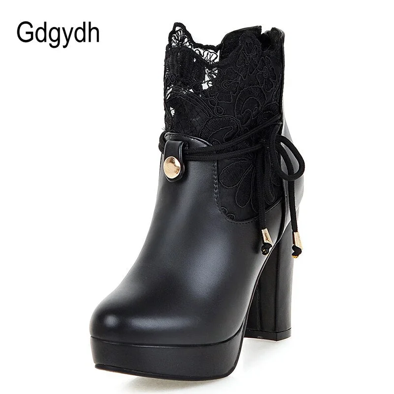 Gdgydh 2021 Lace Ankle Boots Thick High Heeled Female Short Boots Round Toe Platform Ladies Shoes White Wedding Shoes Plus Size