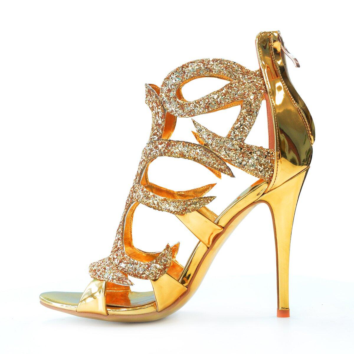 Gold Metallic Decorative Glitter Open Toe Stiletto Heel Summer Sandals Nicepairs