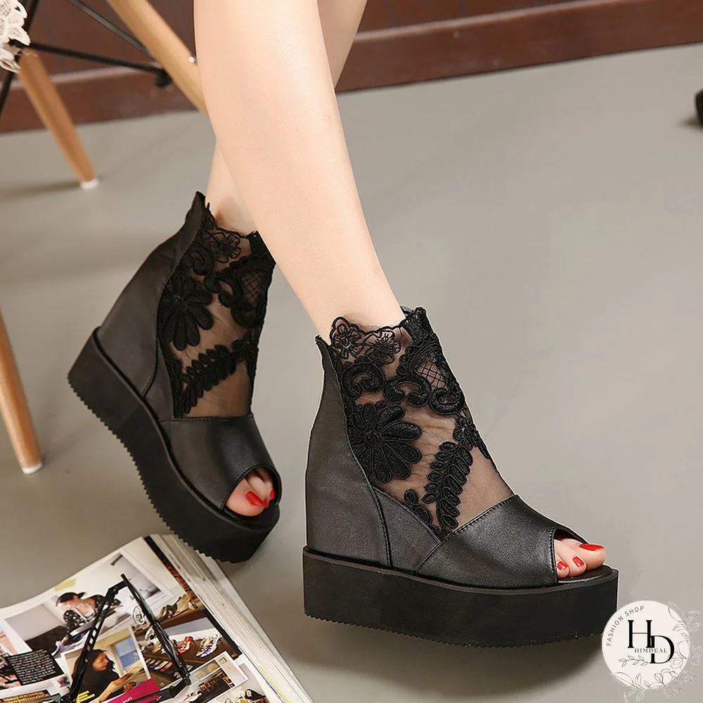 Fashion Women Lace Shoes Wedge Heels Platform Pumps Sandals High Heel Shoes Women's Platform, Lace 3 Colors