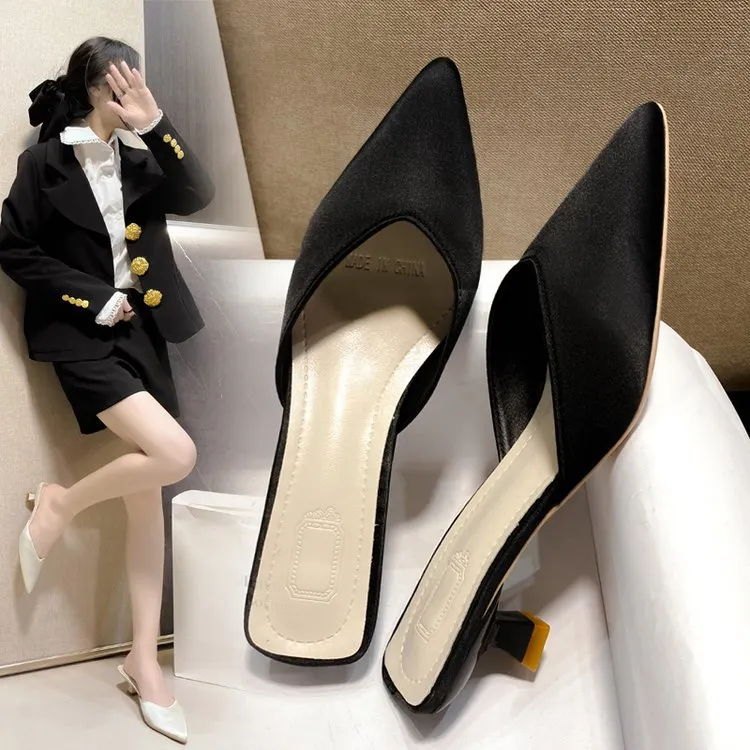 Yyvonne Half-Shoe Woman 2025 Summer New Large-Size Pointed Thin And Shallow Cloth Cloth Muller Shoes And Slippers