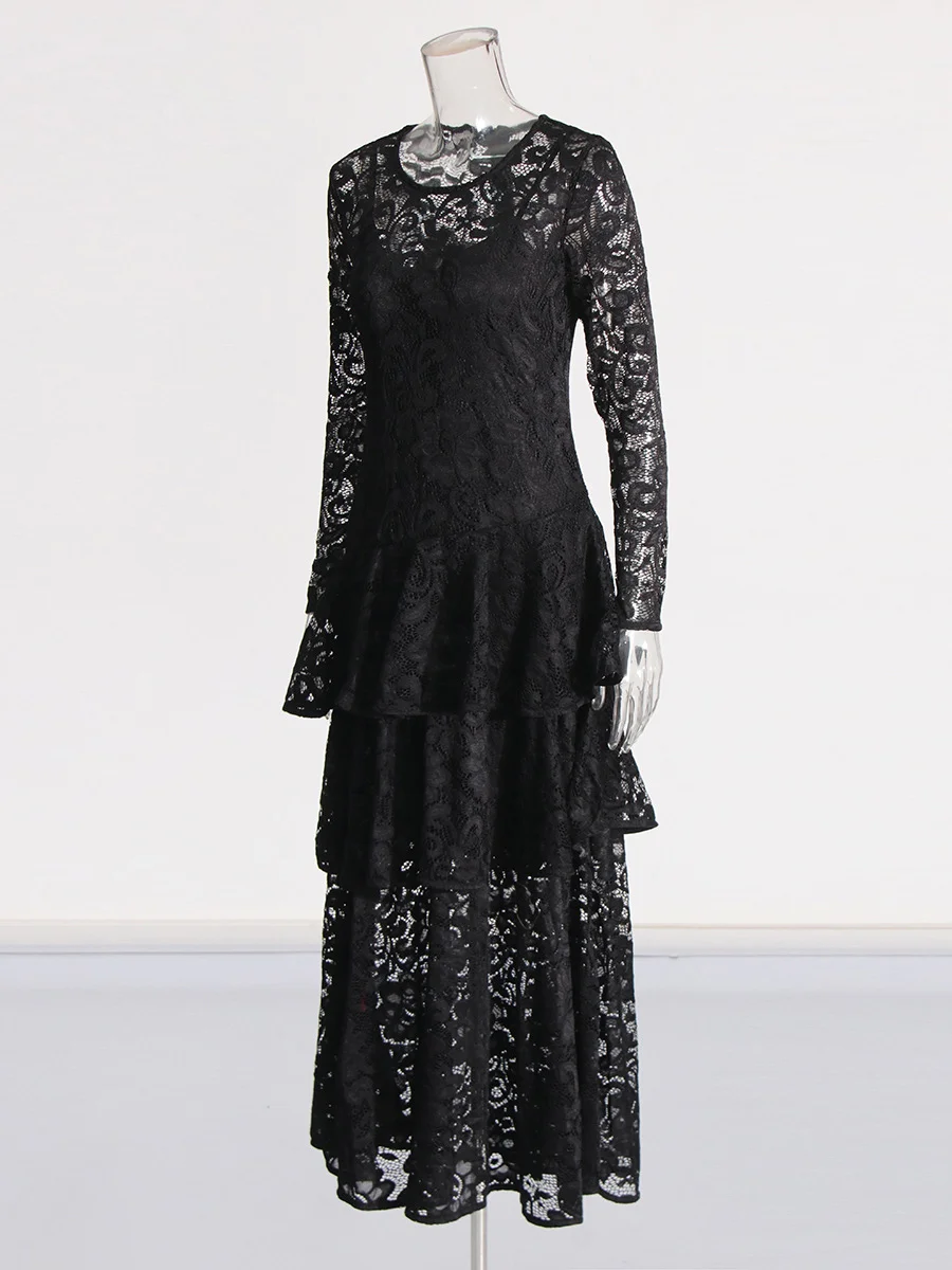 Brownm Fashion Sexy Style Dress Woman 2025 Spring New Round Lace Long-Sleeved Skirt Perspective Senior Long Dress