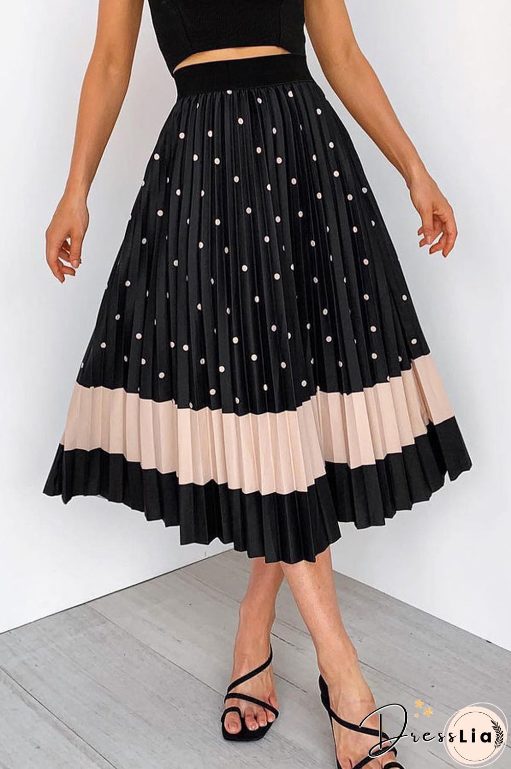 Polka Dot Color Block Pleated Midi Dress