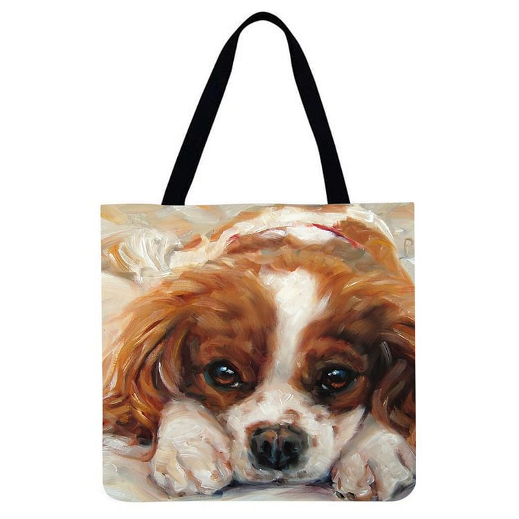 Linen Tote Bag - Kawaii Puppies Charles Spaniel Dog Oil Painting