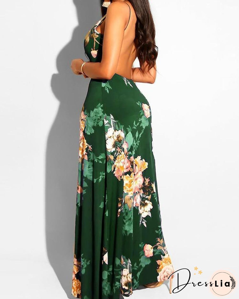 Floral Print Deep V-neck Romper Maxi Dress P11847