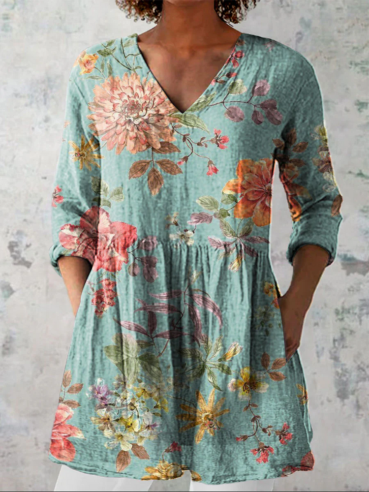 Womens Retro Elegant Floral Pattern Casual Linen V-Neck Shirt